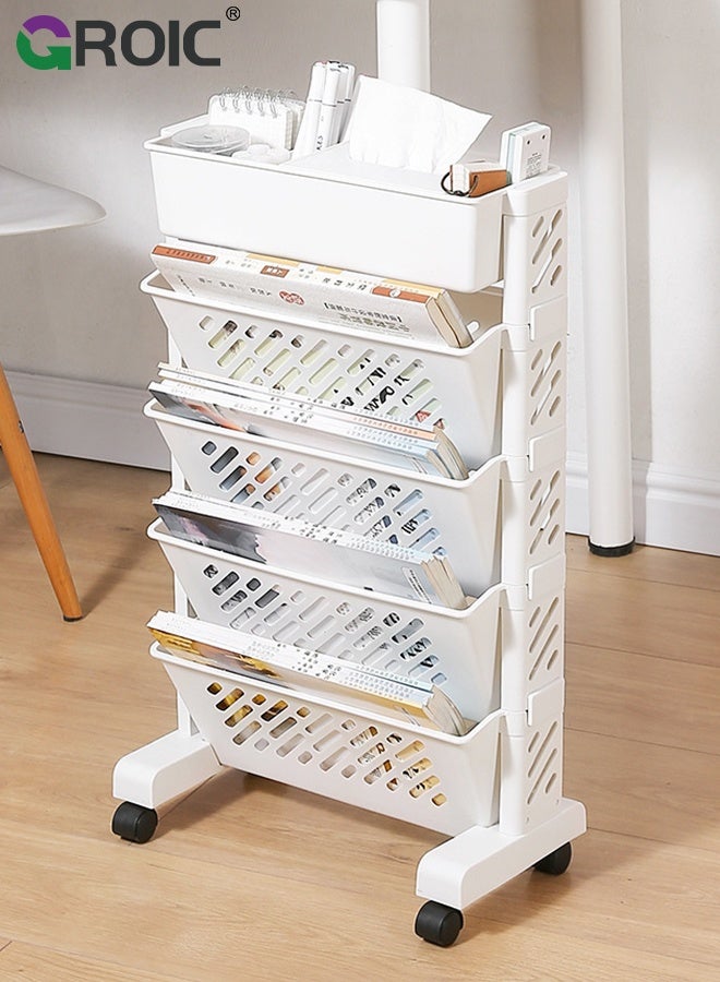 GROIC Mobile Bookshelf, Plastic 5-Layer Book Storage Rack, Movable File Folder Organizer Cart with Wheels for Home Study Office Living Room Classroom, Bookcase for Narrow Space, Rolling Bookcase - Image 1
